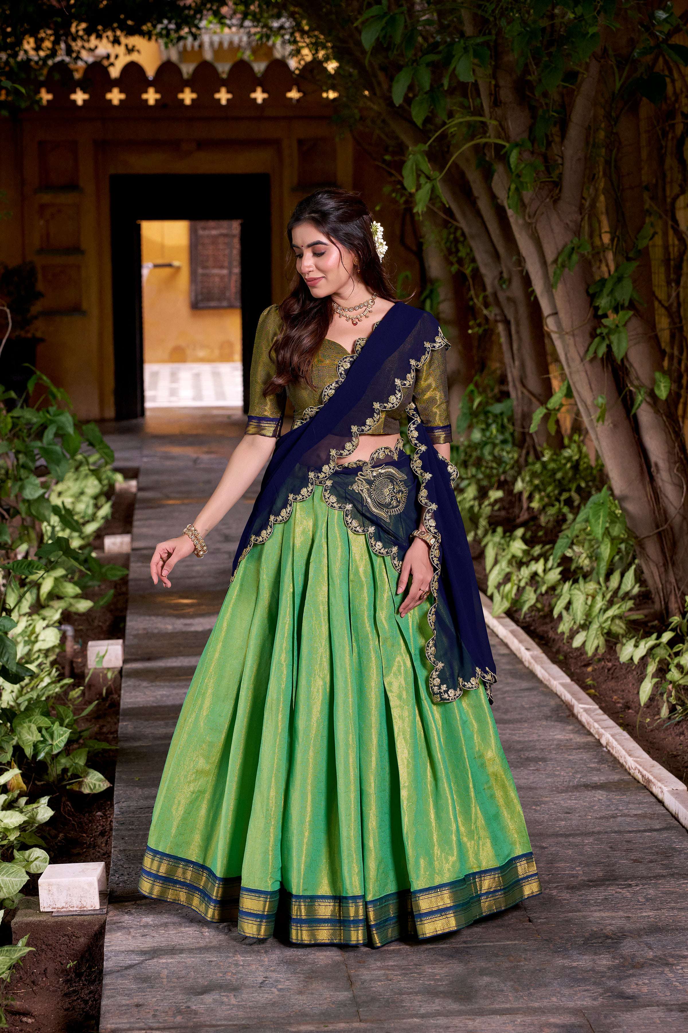 Evanik Seagreen South-style Kanchipuram silk lehenga With Unstitched Blouse & Dupatta