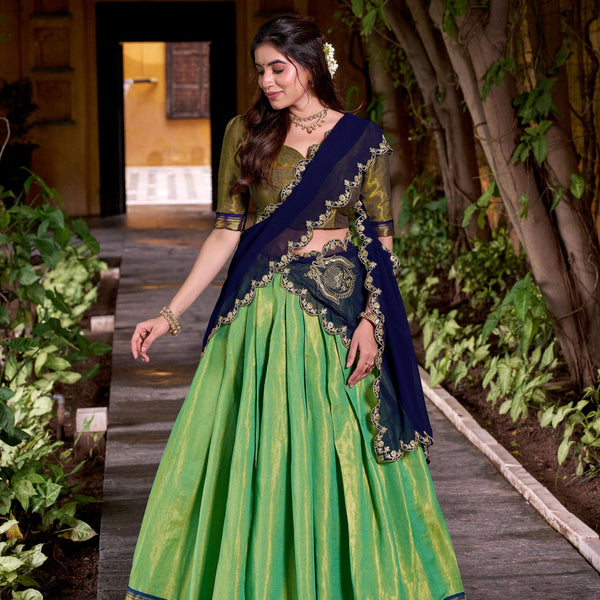 Evanik Seagreen South-style Kanchipuram silk lehenga With Unstitched Blouse & Dupatta