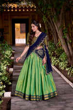 Thumbnail for Evanik Seagreen South-style Kanchipuram silk lehenga With Unstitched Blouse & Dupatta