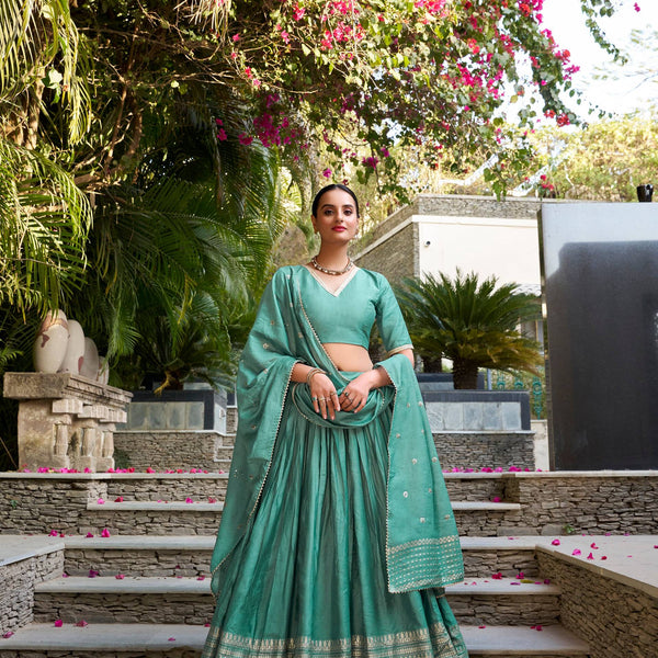 Evanik Women Pure Chanderi Plain With Zari Weaving Work Border Stitched Lehenga With Unstitched Blouse Dupatta(Up to 42)