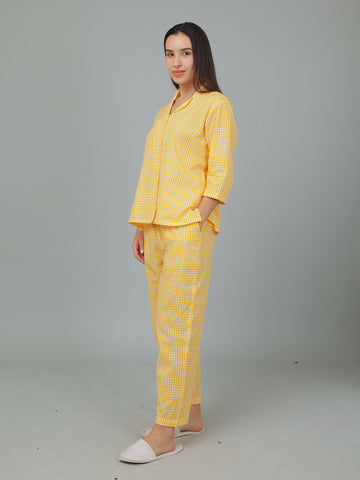 Breathables Women Cotton Checks Night Suit Shirt And Pants Co-Ord Set I Night Wear-Yellow - Dista