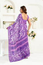 Thumbnail for Joban Fashion Purple  Floral And Bird Motifs Linen Ready To Wear Saree With Unstitched Blouse - Distacart
