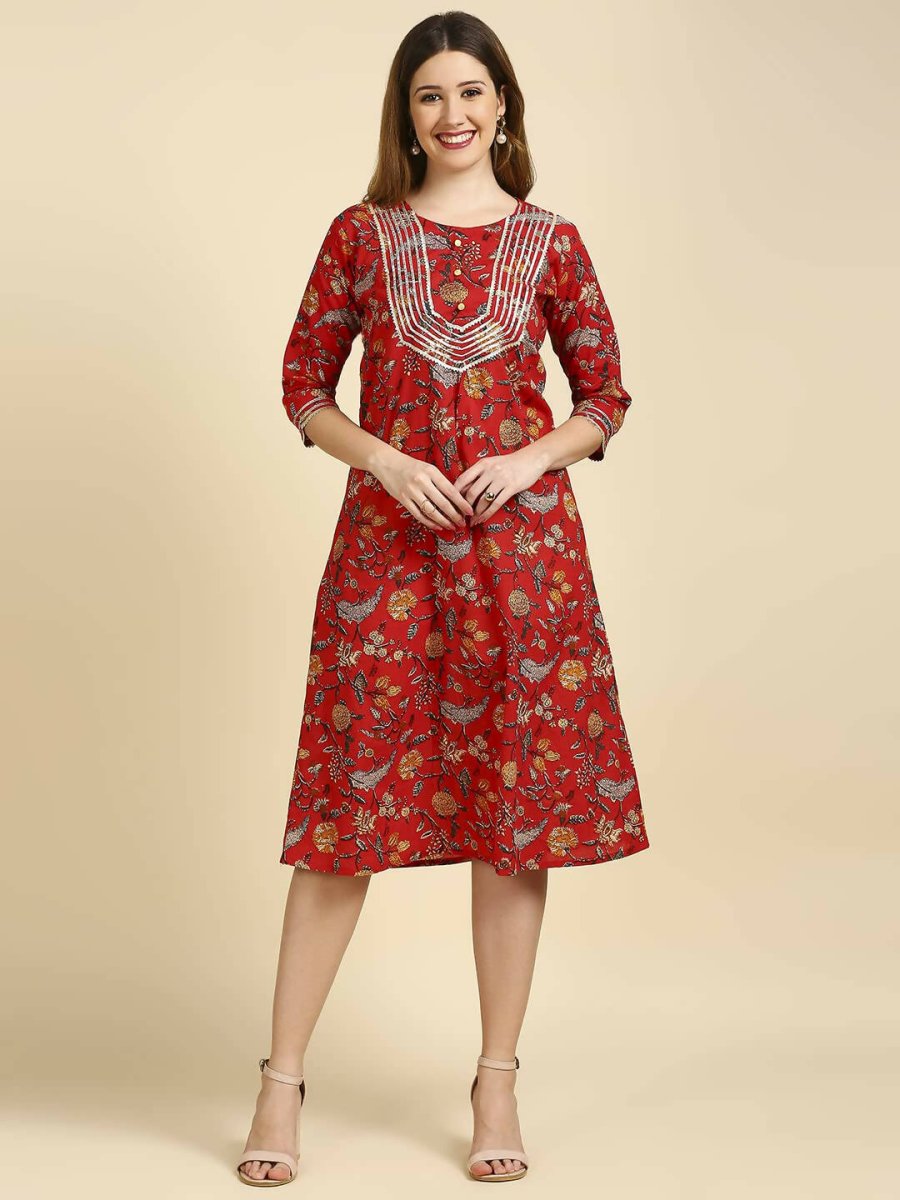 Anubhutee Women's Cotton A-Line Midi Casual Red Dress - Distacart