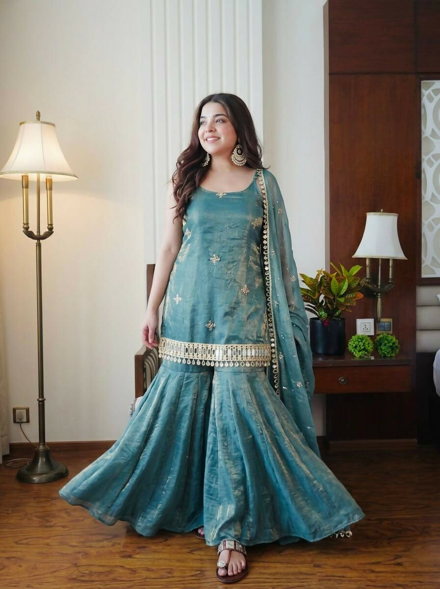 Teeya Creation Womens Trending Heavy Embroidery Sequence Work Kurta Sharara Set - Teal - Dista