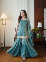 Thumbnail for Teeya Creation Womens Trending Heavy Embroidery Sequence Work Kurta Sharara Set - Teal - Dista