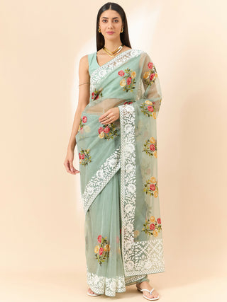 Green Organza Floral Embroidered Saree with Unstitched Blouse Piece - Roozal - Distacart