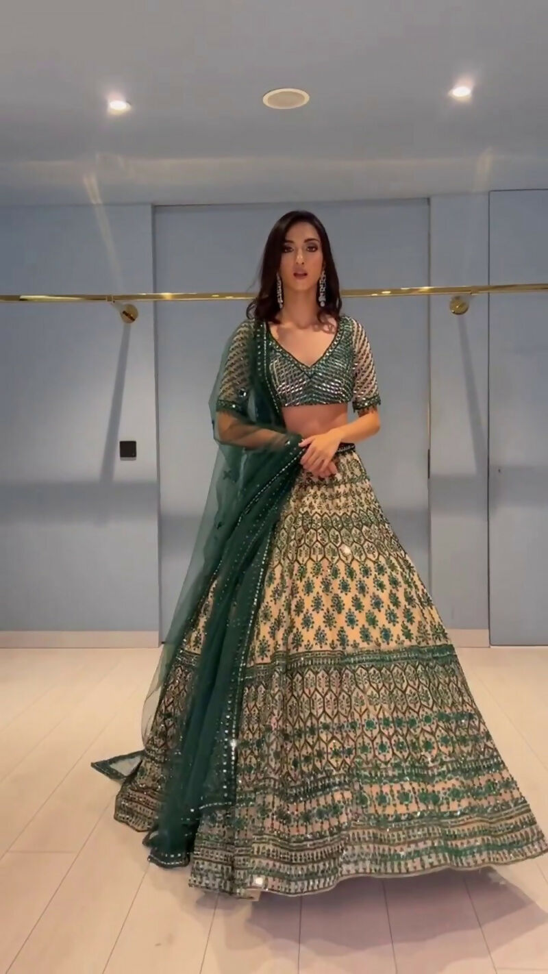 Jyoti Fashion Teal Green & Cream 3mm with Thread Embroidery Georgette Lehenga Choli with Dupatta - Distacart
