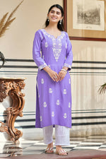 Thumbnail for The52 Lavender Women's Gorgeous Chikankari work Pure Rayon Fabric Straight Kurta, Pant Set - Distacart