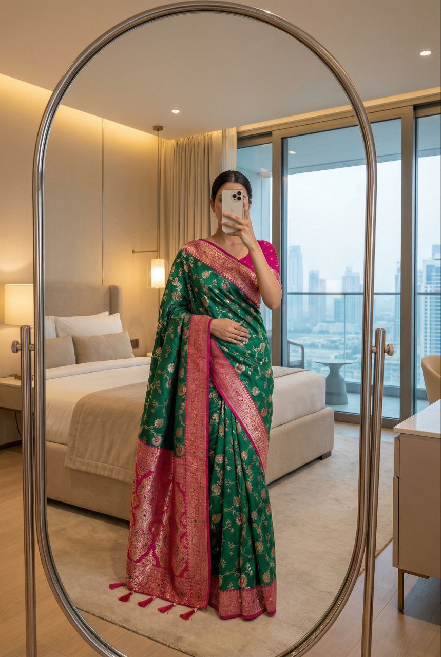 Mameraa Sarees Sea Green Soft Silk Blend Saree With Zari Weaving Meenakari Design-Sea_Green - Dista