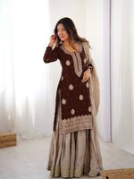 Thumbnail for Lehenga Mart Designer Sharara Suit With Kurta, Sharara, Dupatta For Women-Brown - Distacart
