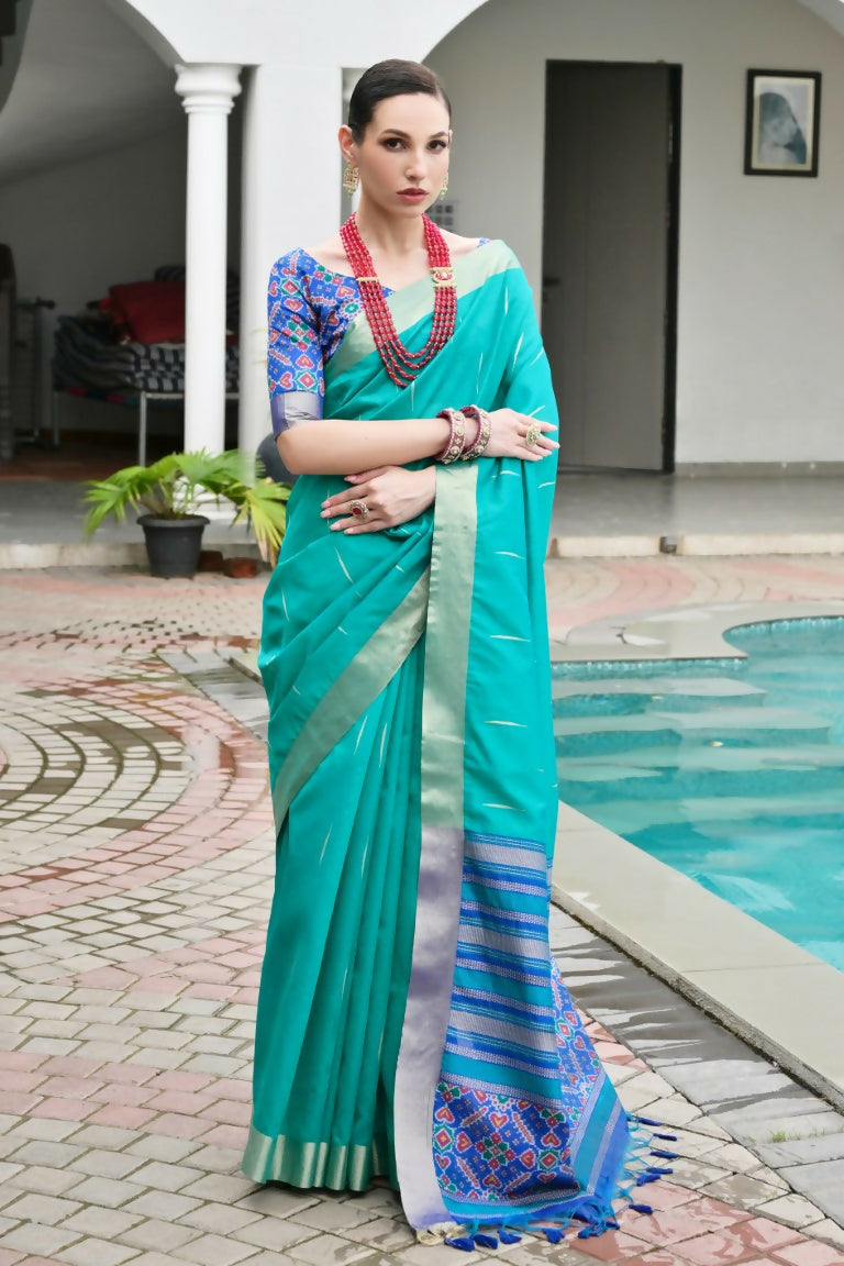 Vishnu Weaves Women's Rama Raw Silk Patola Zari Woven Saree with Blouse