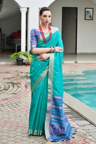 Vishnu Weaves Women's Rama Raw Silk Patola Zari Woven Saree with Blouse