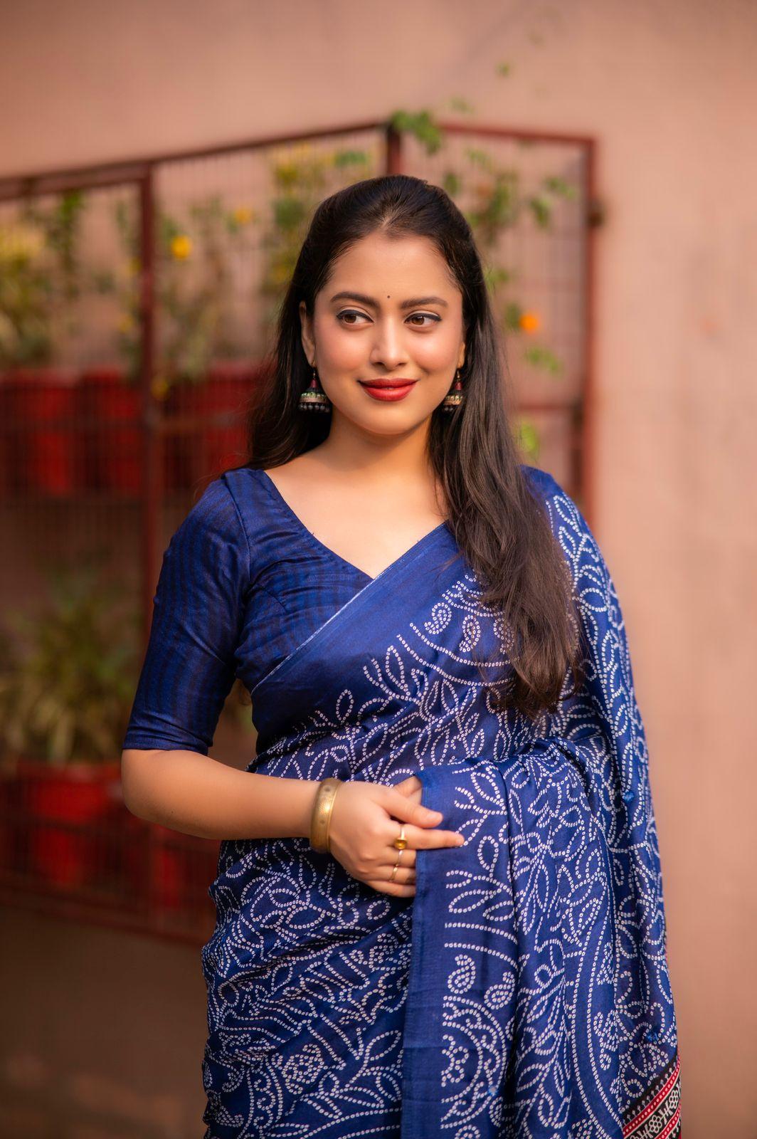 Blue Silk Blend Ajrak Saree with Unstitched Blouse - Hiral Fashion - Distacart