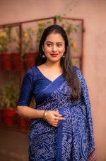 Thumbnail for Blue Silk Blend Ajrak Saree with Unstitched Blouse - Hiral Fashion - Distacart