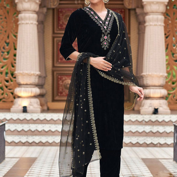 Kalini Floral Embroidered Sequinned Velvet Straight Kurta With Trousers & Dupatta - Distacart