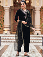 Thumbnail for Kalini Floral Embroidered Sequinned Velvet Straight Kurta With Trousers & Dupatta