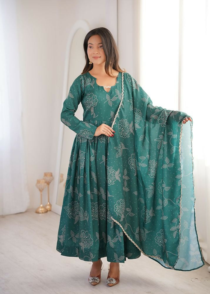 Teeya Creation New Trendy Stylish Elegant Teal Floral Print Cotton Anarkali Suit for Women - Dista