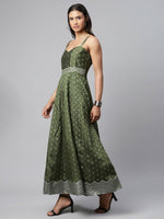 Thumbnail for Ahalyaa Women Olive Poly Silk Silver Foil Printed Dress - Distacart
