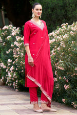 Thumbnail for The52 Red Women's Gorgeous Embroidered Rayon Slub Fabric Straight Kurta Pant with Dupatta Set - Distacart