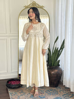 Thumbnail for The52 CreamWomen's Gorgeous Embroidered Vichitra Silk Fabric Flared Kurta Pant with Dupatta Set - Distacart