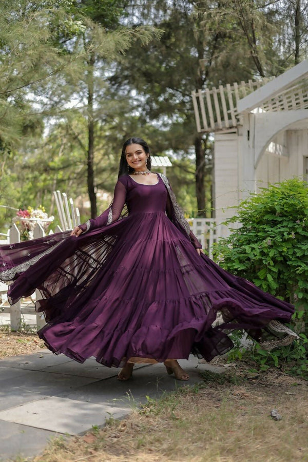 Aastha Fashion Women's Wine Faux Georgette Frill Work Anarkali Dress with Dupatta - Distacart