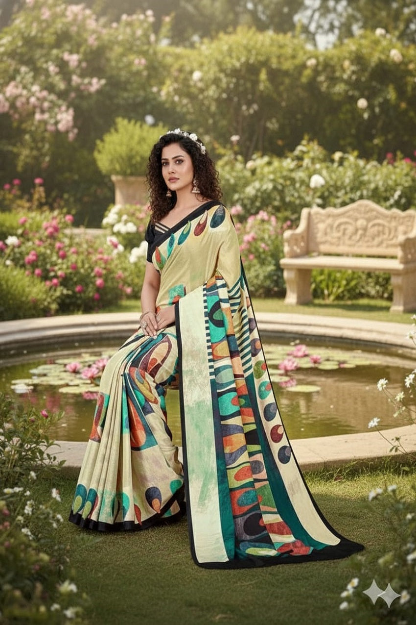 Hypnotex Premium Digital Print Sarees On Silk Crepe Digital Prints-Multicolor