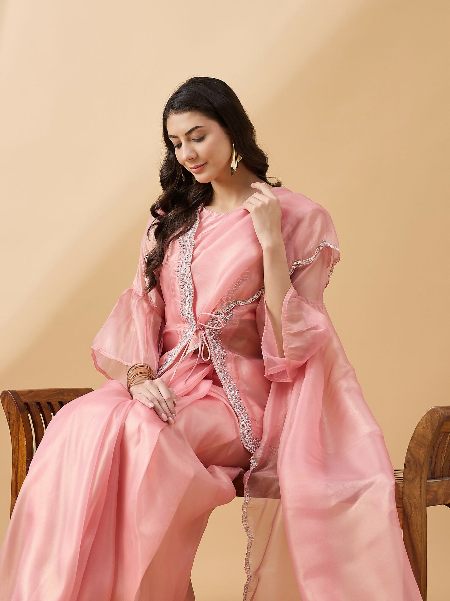 Peach Chiffon Solid Saree with Stitched Blouse & Stone Work Shrug - Dharavi - Distacart