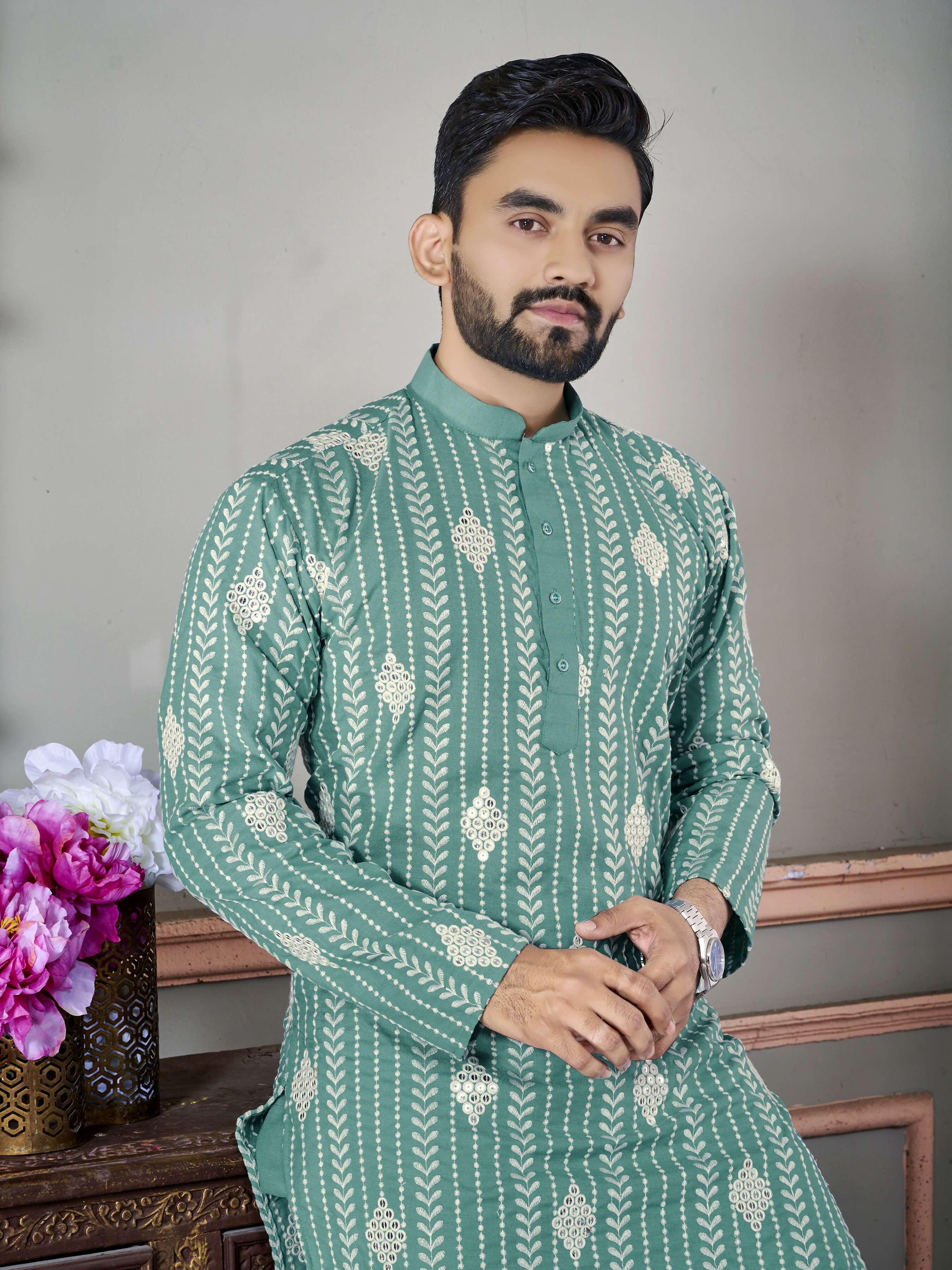 Rama Green Wedding Wear Designer Mens Kurta with Pyjamas by Infinity Export - Distacart