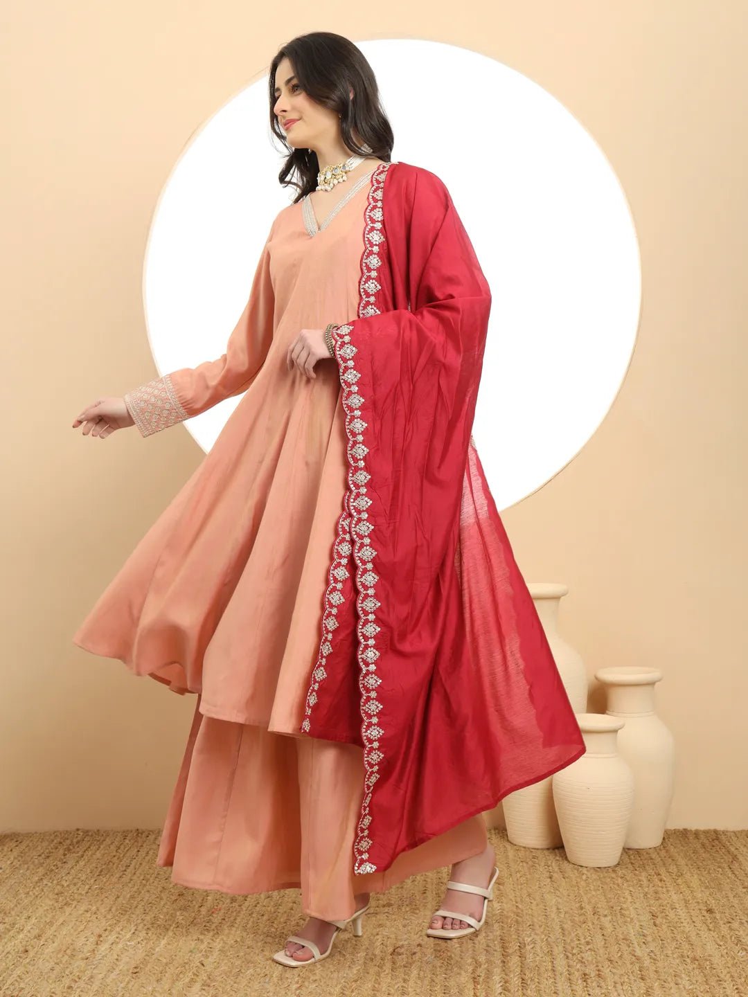 Yufta Silk Peach Anarkali Kurta Dupatta Palazzo Set - Distacart