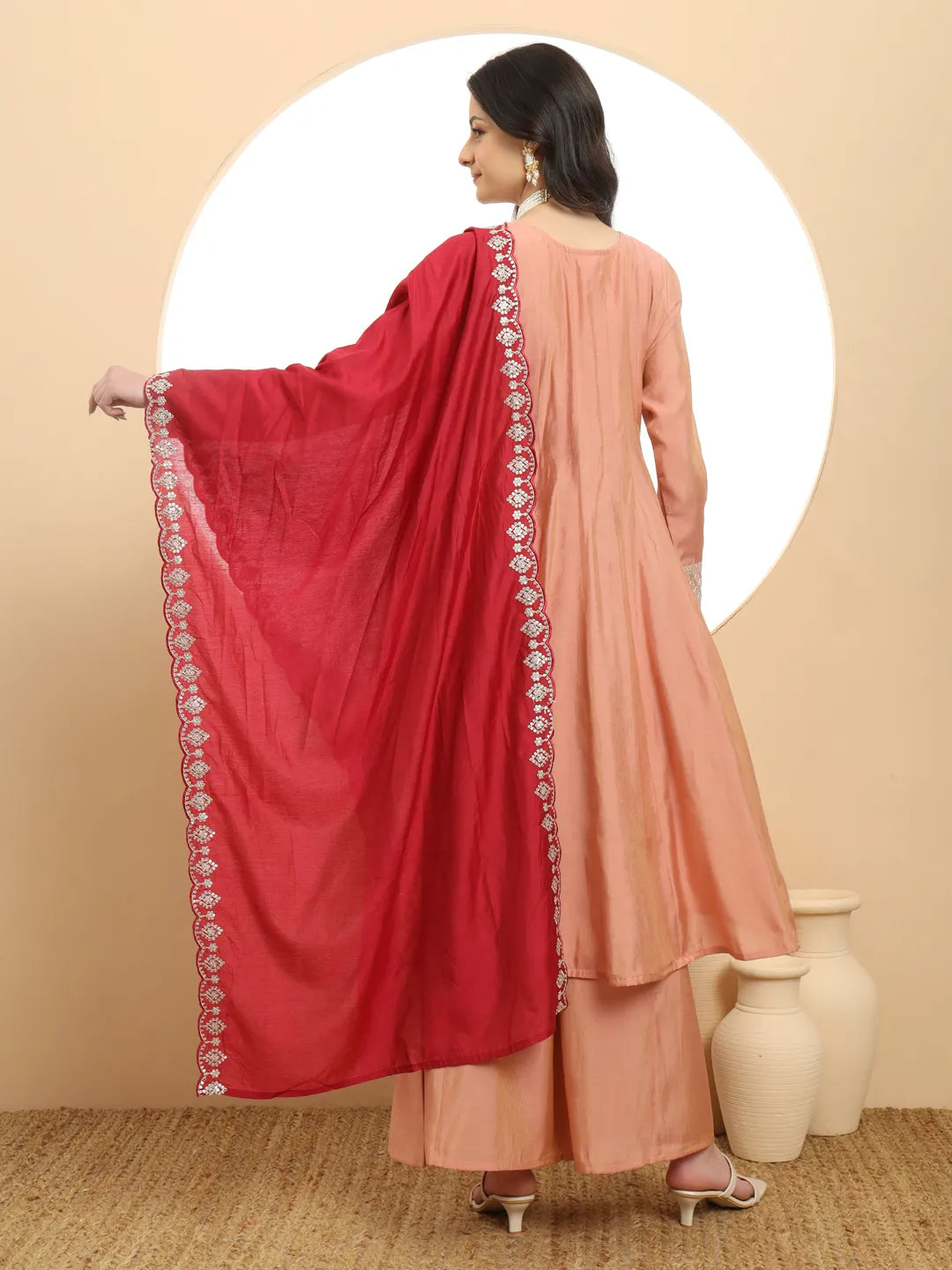 Yufta Silk Peach Anarkali Kurta Dupatta Palazzo Set