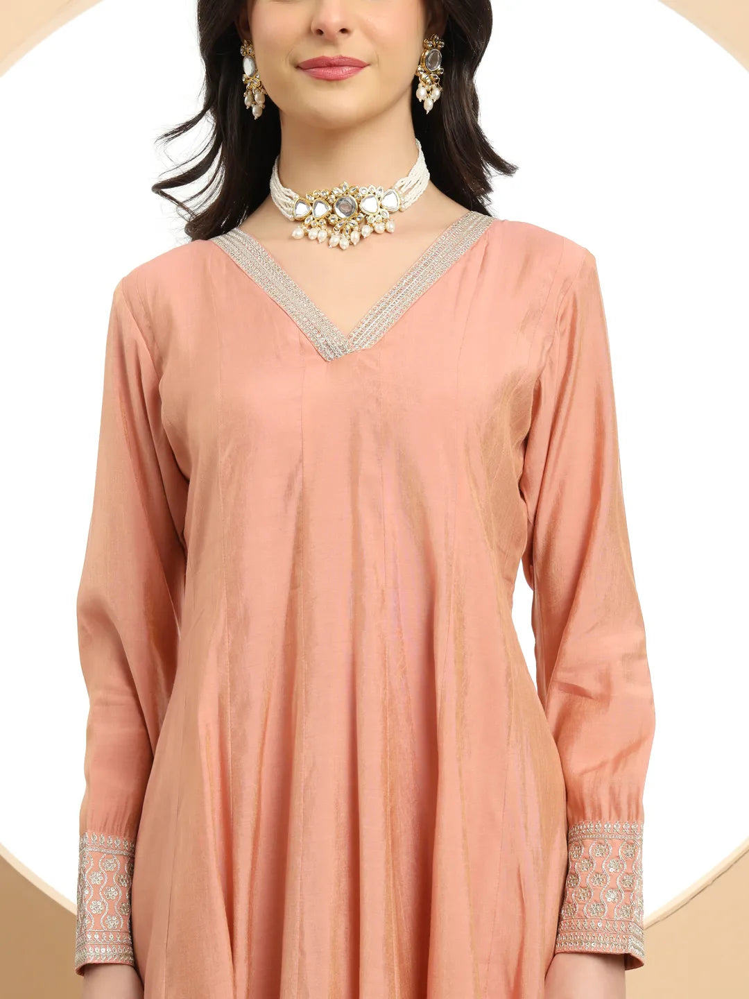 Yufta Silk Peach Anarkali Kurta Dupatta Palazzo Set
