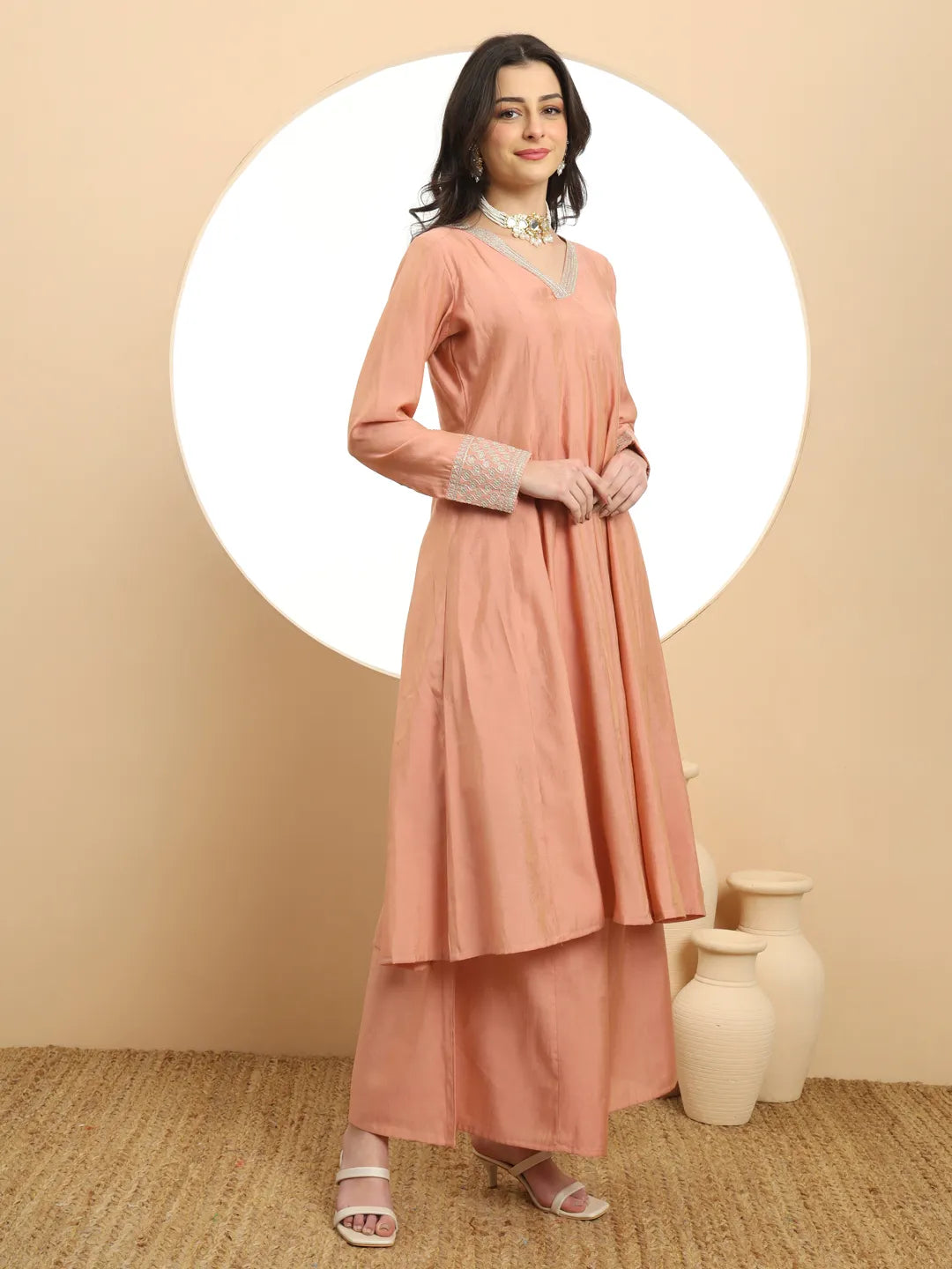 Yufta Silk Peach Anarkali Kurta Dupatta Palazzo Set