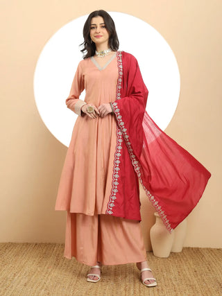 Yufta Silk Peach Anarkali Kurta Dupatta Palazzo Set - Distacart