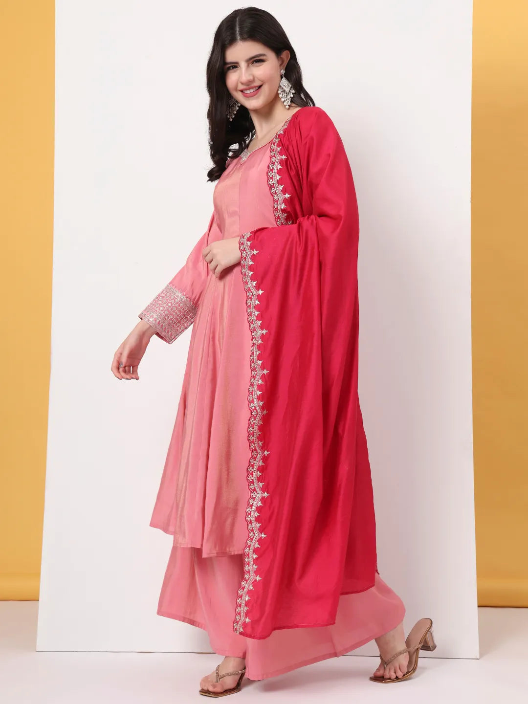 Yufta Silk Pink A Line Kurta Dupatta Palazzo Set - Distacart