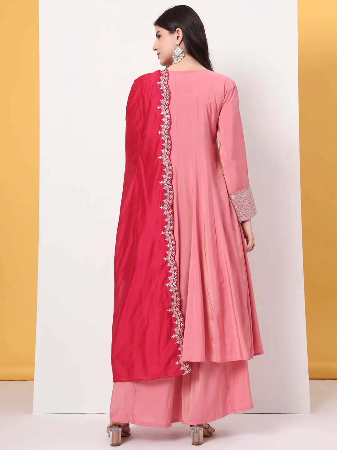 Yufta Silk Pink A Line Kurta Dupatta Palazzo Set