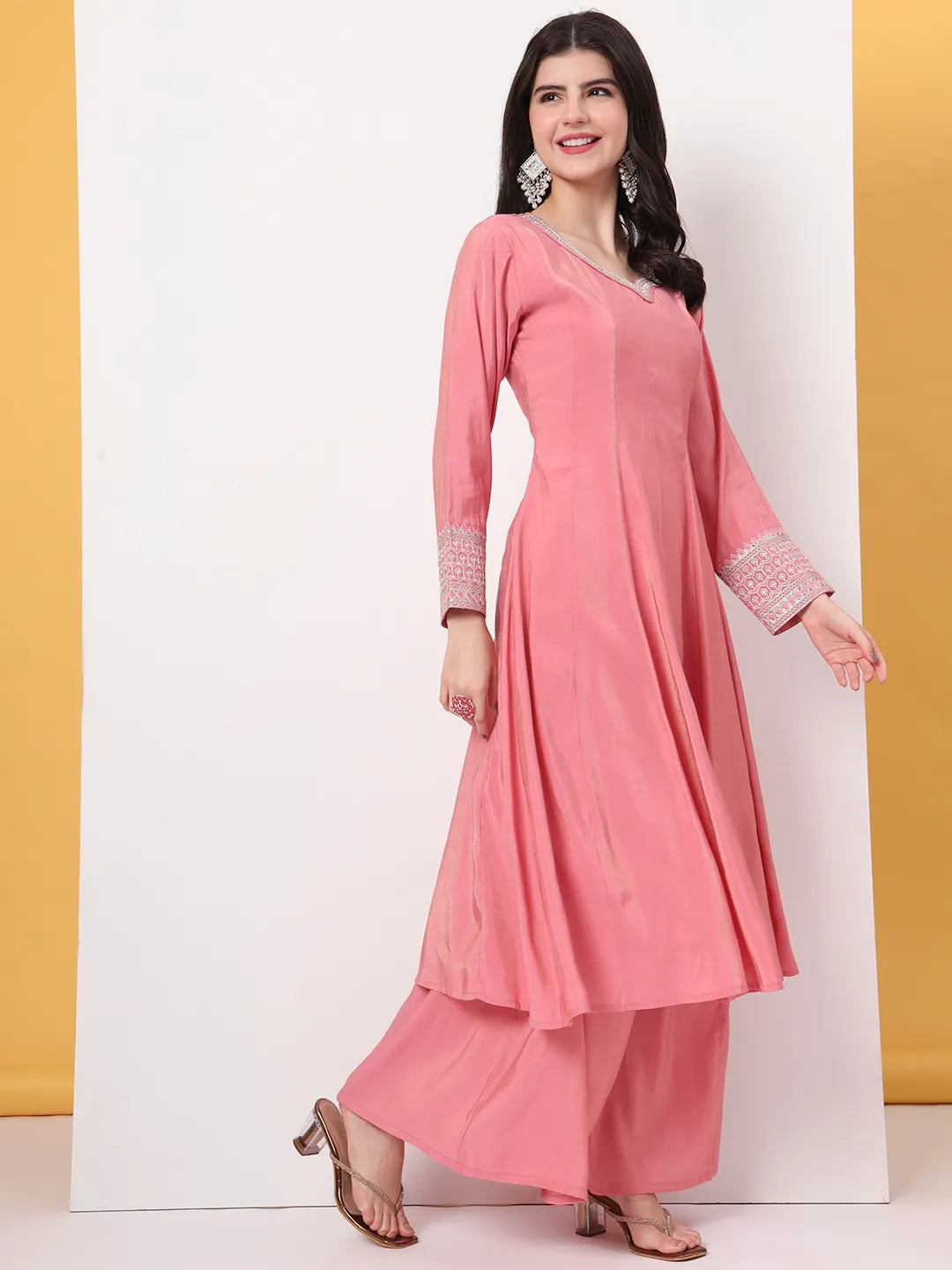 Yufta Silk Pink A Line Kurta Dupatta Palazzo Set