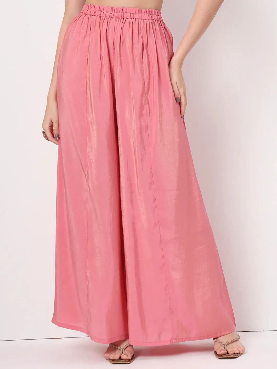 Yufta Silk Pink A Line Kurta Dupatta Palazzo Set
