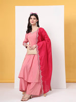 Thumbnail for Yufta Silk Pink A Line Kurta Dupatta Palazzo Set