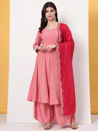 Yufta Silk Pink A Line Kurta Dupatta Palazzo Set - Distacart