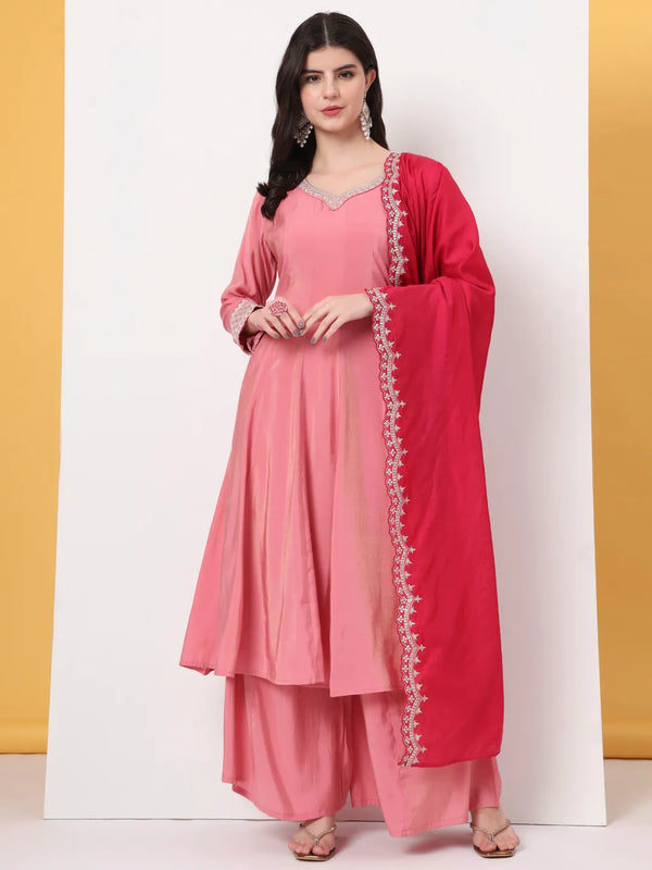 Yufta Silk Pink A Line Kurta Dupatta Palazzo Set