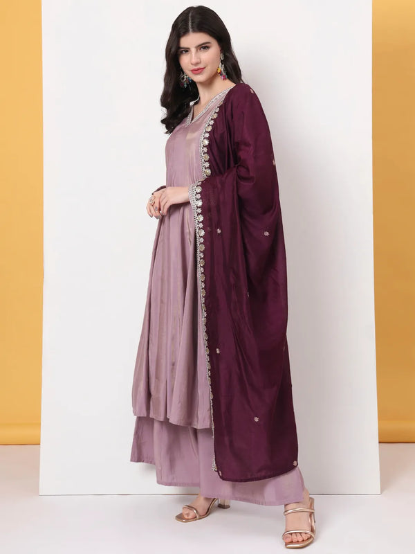 Yufta Silk Purple Anarkali Kurta Dupatta Palazzo Set