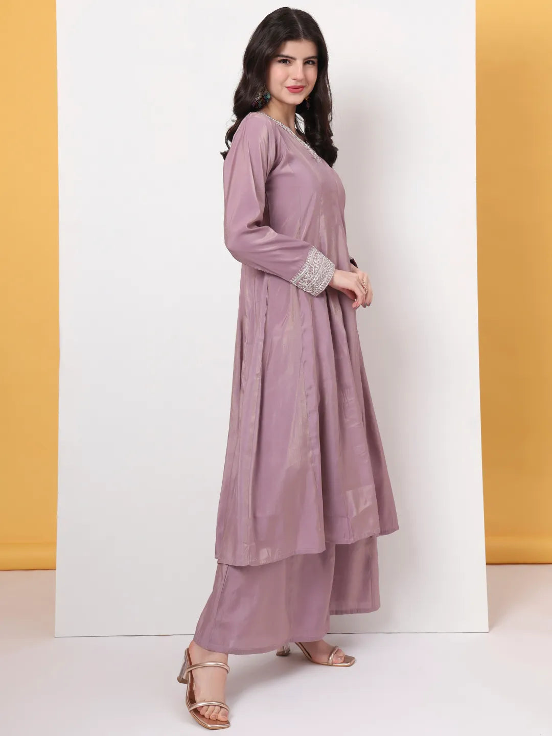 Yufta Silk Purple Anarkali Kurta Dupatta Palazzo Set