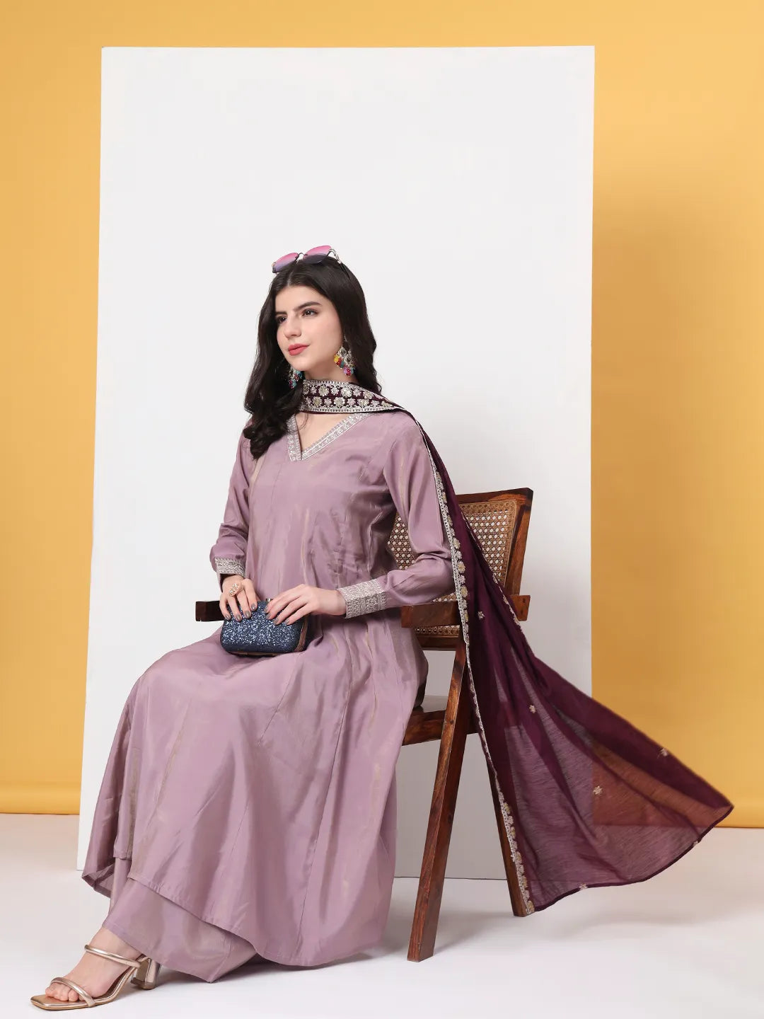 Yufta Silk Purple Anarkali Kurta Dupatta Palazzo Set