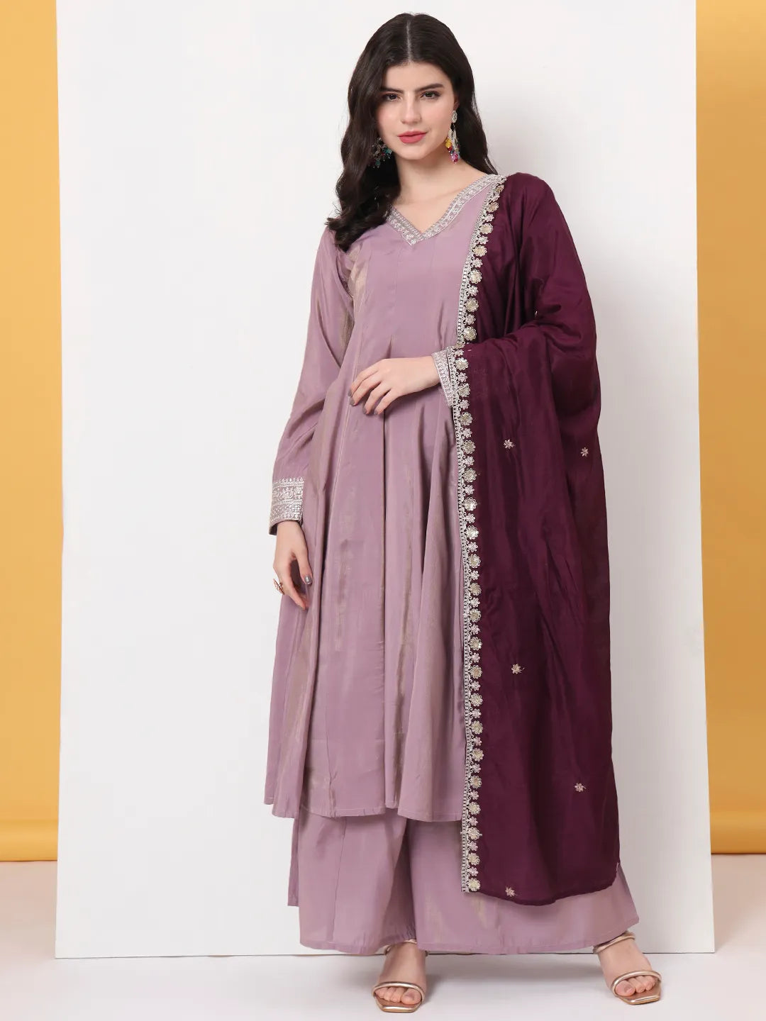 Yufta Silk Purple Anarkali Kurta Dupatta Palazzo Set - Distacart