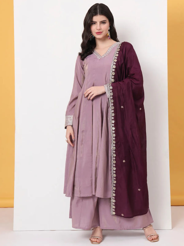 Yufta Silk Purple Anarkali Kurta Dupatta Palazzo Set