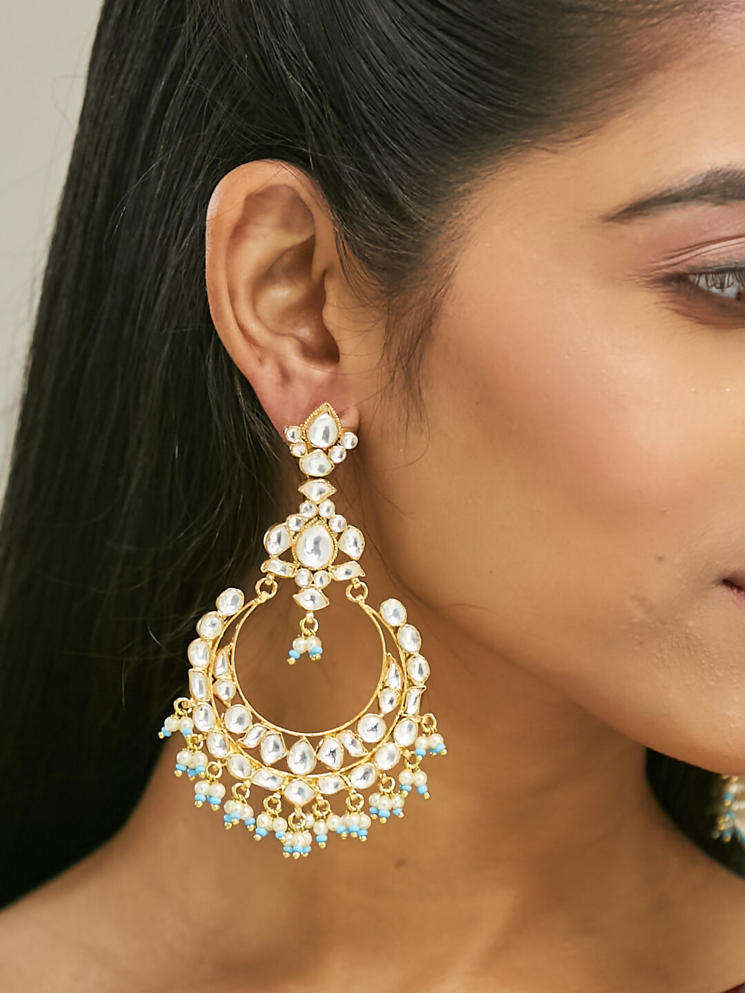 Nuyug 22K Gold-Plated Kundan Stone Studded & Pearl Beaded Chandbalis