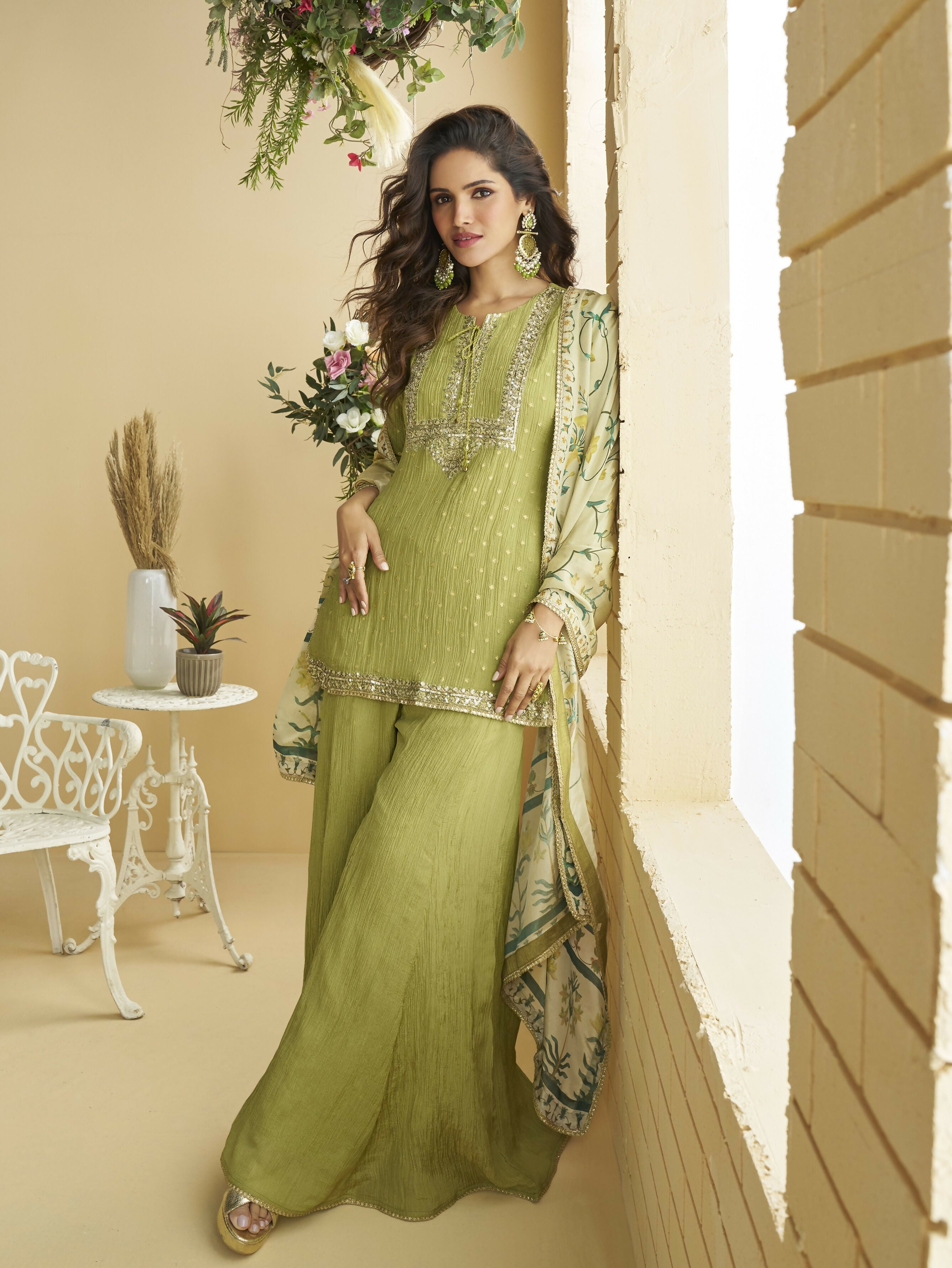 Anaita Green Chinon Readymade Palazzo Suit with Embroidery Sequence Work