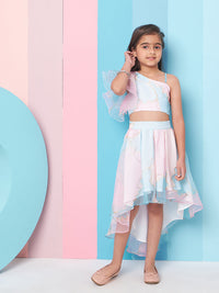 Thumbnail for Girls Pink Printed One Shoulder Flutter Sleeves Top With Skirt for Kids - Mini Marvels - Distacart