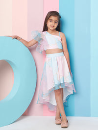 Thumbnail for Girls Pink Printed One Shoulder Flutter Sleeves Top With Skirt for Kids - Mini Marvels - Distacart