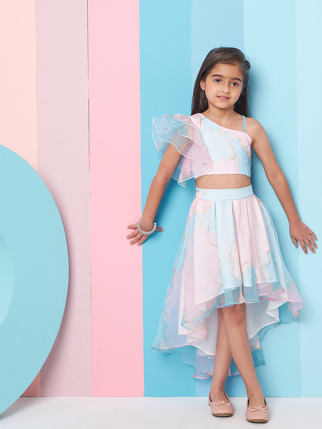 Girls Pink Printed One Shoulder Flutter Sleeves Top With Skirt for Kids - Mini Marvels - Distacart